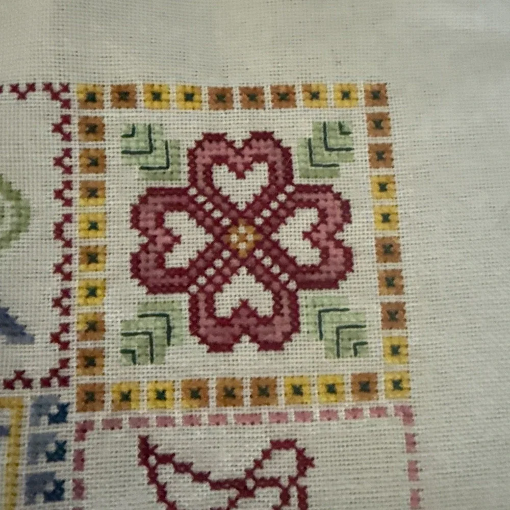 Vtg Completed Cross Stitch Quilt Style 13x9 Granny Core‎ Bird House Floral